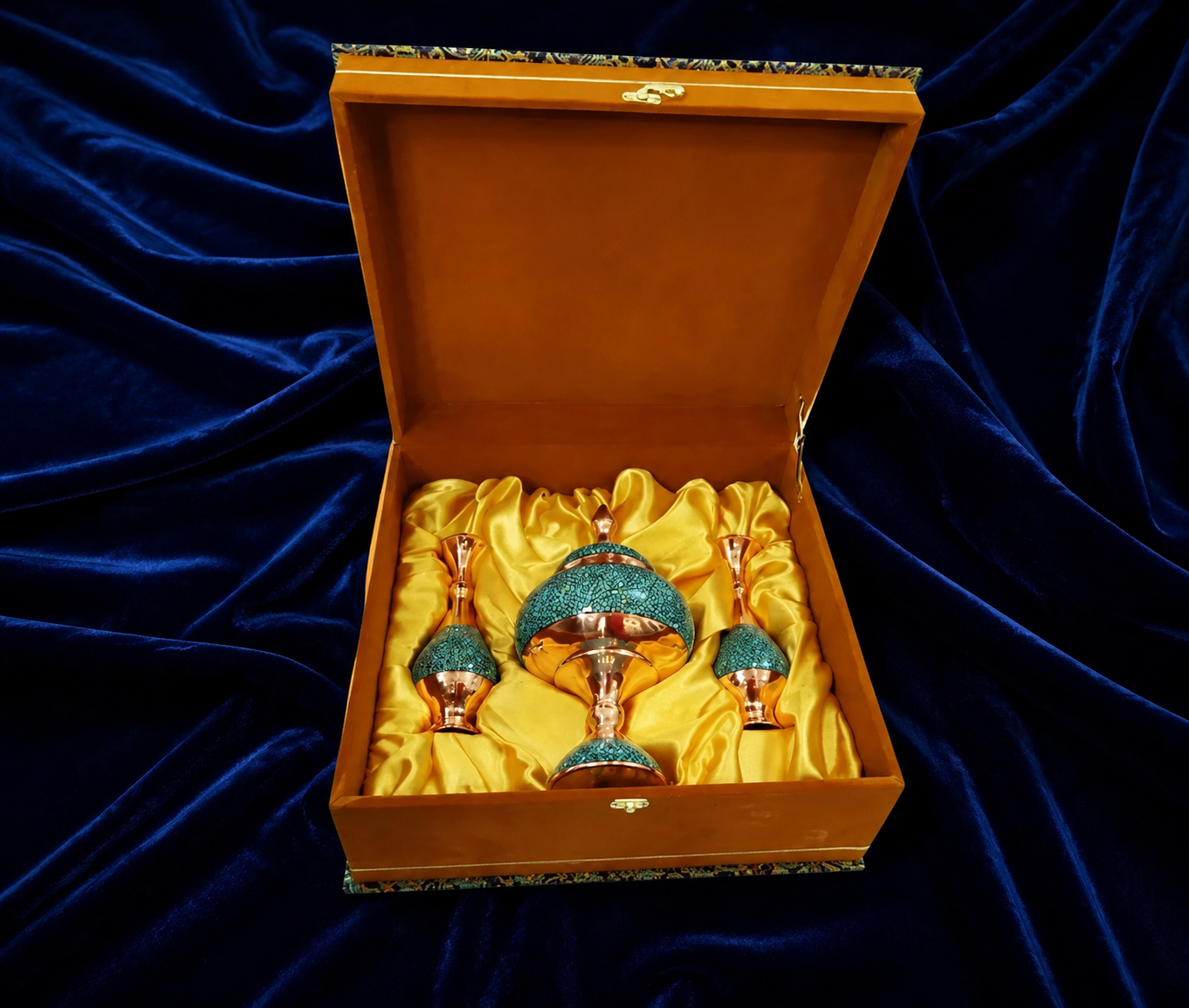 پک  هدیه جفت گلدان و شکلات خوری مس و فیروزه  جعبه چوب و ترمه