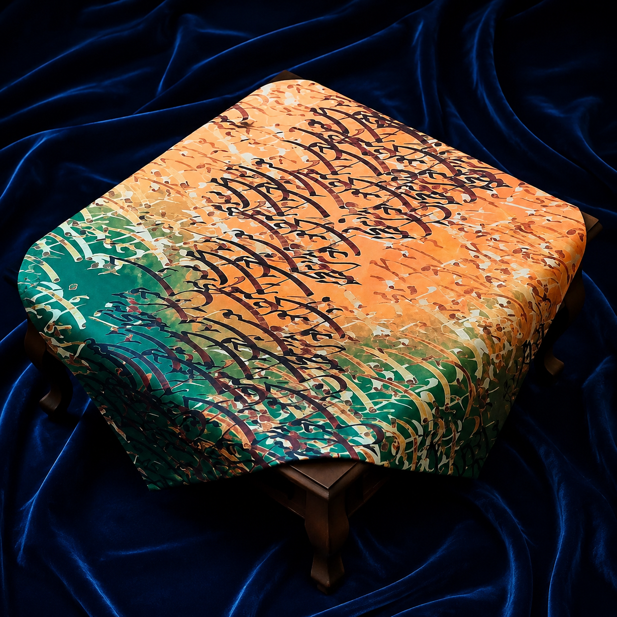 رومیزی مخمل کالیگرافی آبرنگی سبز نارنجی